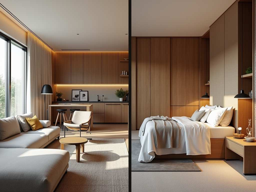 Modern split-screen interior showing adaptable living room and bedroom spaces with wooden paneling and ambient lighting