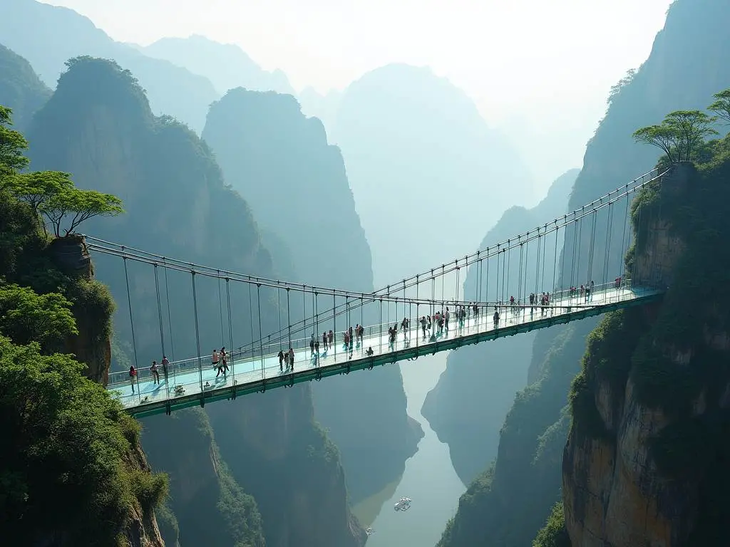 Aerial view of Zhangjiajie Glass Bridge spanning mountain canyon with tourists walking across