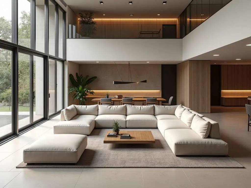 Double-height living room with floor-to-ceiling windows, featuring modular seating and mezzanine level