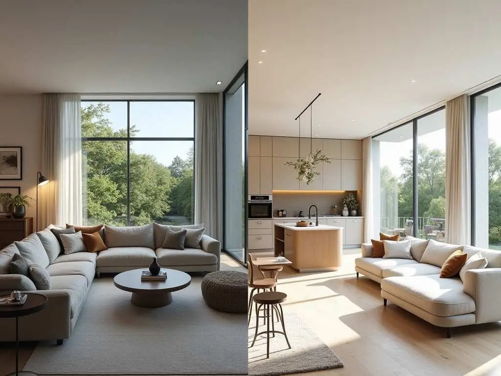 Modern open-concept living space with seamless transition between living room and kitchen, featuring floor-to-ceiling windows and natural light.