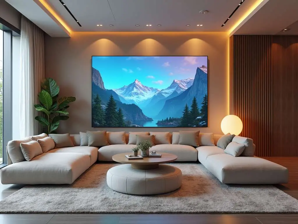 Luxurious living room featuring large-screen display with ambient lighting and modular seating arrangement Fluid Intermediate Spaces