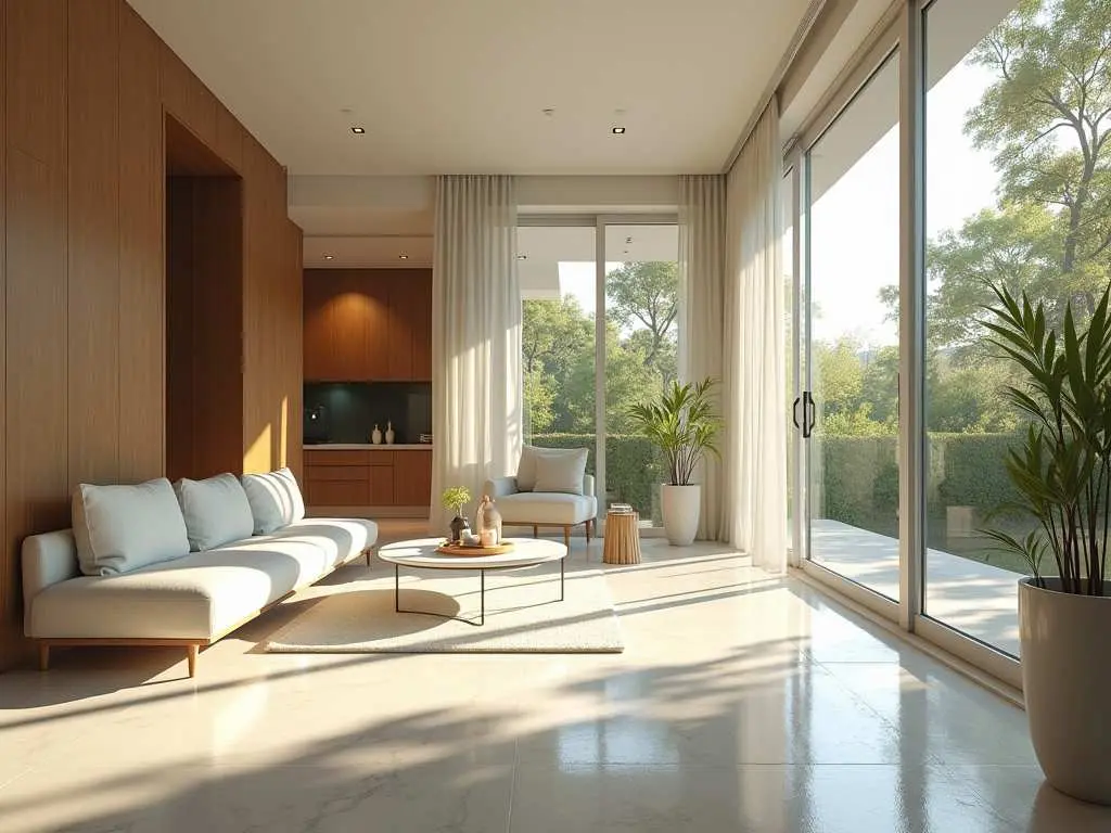 Sun-drenched modern living room with sliding glass doors, minimal furniture, and indoor plants