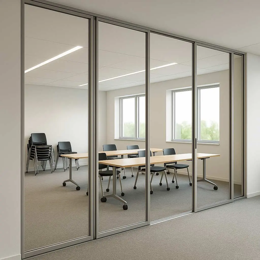 Versatile Venues: The Adaptable In-Between 1 Curvspace versatile venue featuring a flexible meeting room with movable glass partitions, wheeled tables, and stackable chairs for adaptable space configuration.