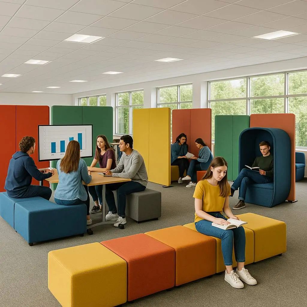 Versatile Venues: The Adaptable In-Between 3 Curvspace versatile venue design for an education hub, featuring colorful acoustic panels zoning an adaptable space with modular benches, pods, and collaborative tables used by students.