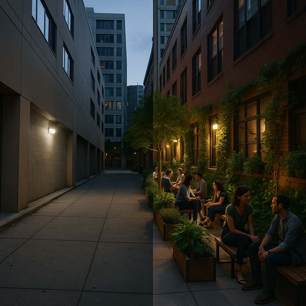 Split-screen of an urban alley before and after transformation, showing empty space on one side and a vibrant, green social gathering area on the other, illustrating the social power of in-between spaces for Curvspace.