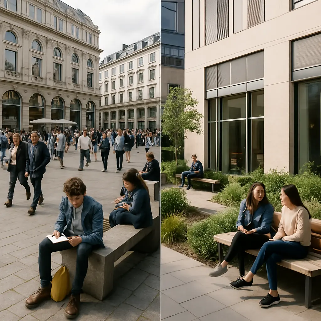 Split-screen view of a bustling urban plaza with crowds and a calm semi-public courtyard with seating and greenery, illustrating transitional, bridging boundaries and transitional design.