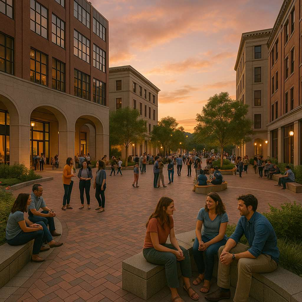 Beyond Walls: The Social Power of In-Betweens 5 Inviting urban plaza at sunset with people of all ages gathering, talking, and relaxing—showcasing Curvspace’s vision for inclusive, connected in-between spaces.