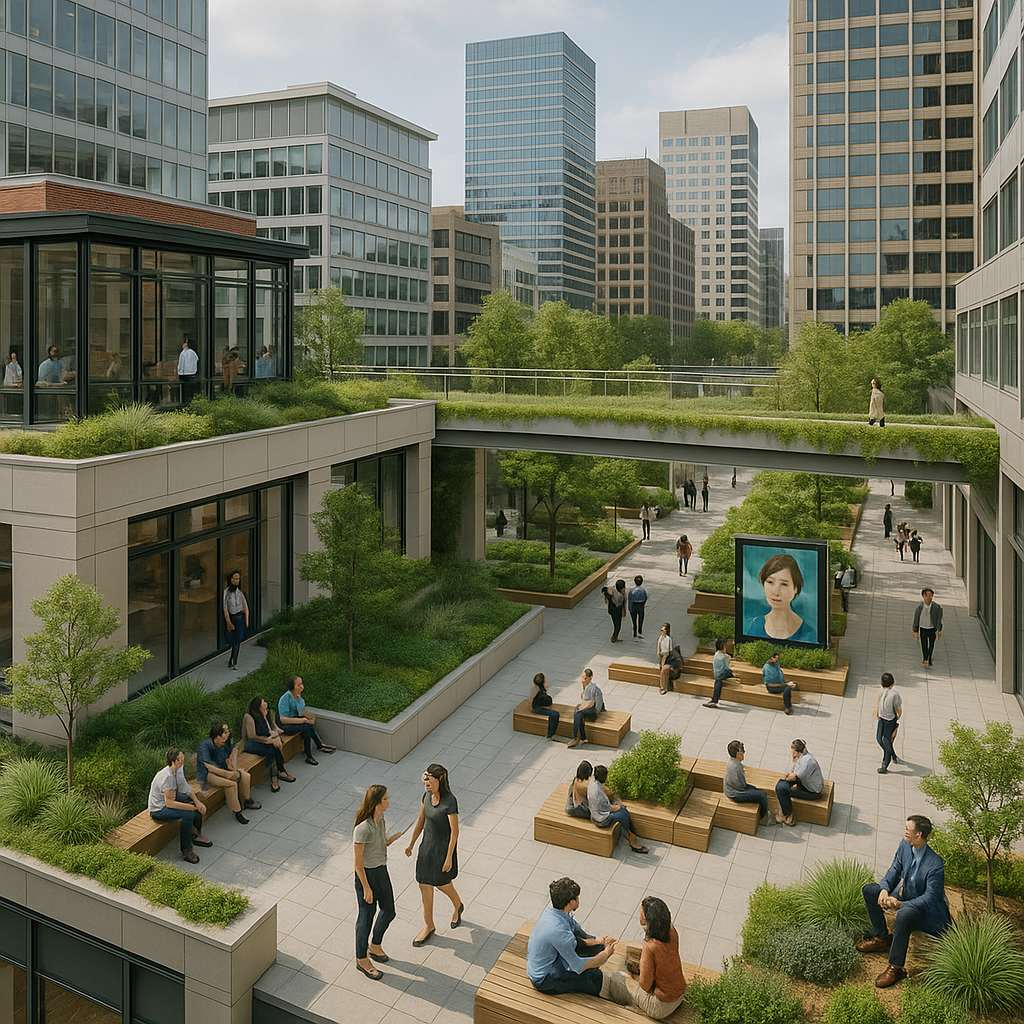 Beyond Walls: The Social Power of In-Betweens 4 Modern cityscape with green rooftop terraces, public plaza, digital art, and people socializing—depicting the evolving role of in-between spaces for Curvspace.