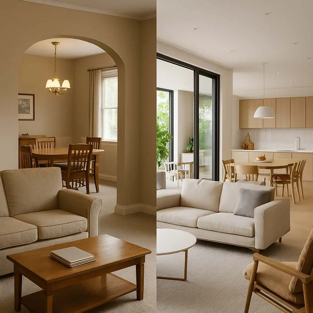 Splitscreen showcasing traditional vs. modern open-plan living space, emphasizing flowing transitions and natural light, reflecting Curvspace's design philosophy.