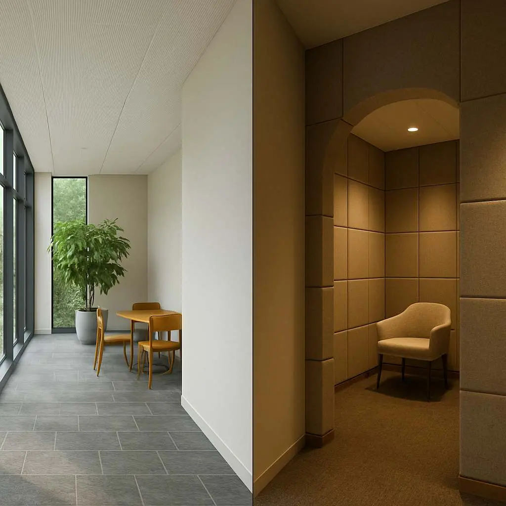 Sensing Shifts: Navigating Environmental Transitions 2 Split-screen image showing a transition from a bright area with natural light and plants to a quiet, softly lit alcove with acoustic panels, illustrating harmonizing elements for seamless experiences.