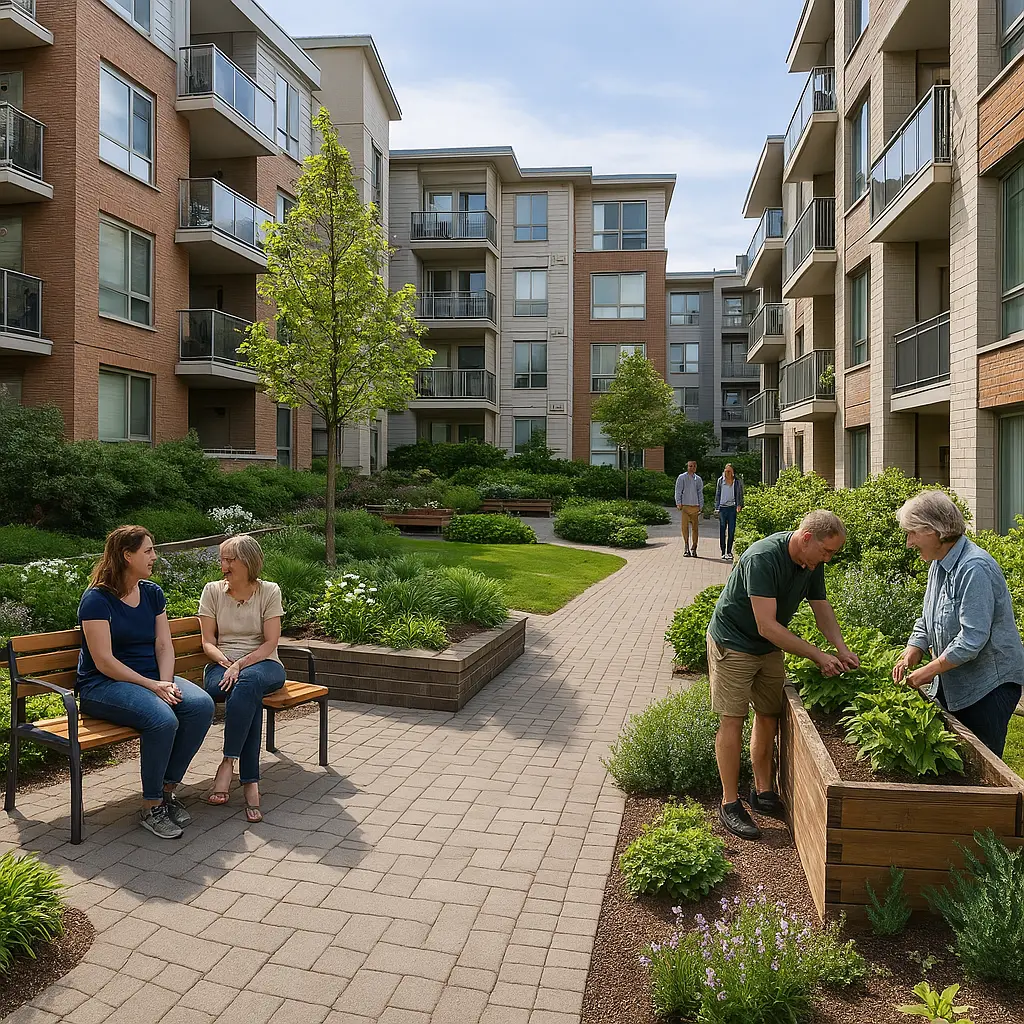 Bridging Boundaries: Redefining Semi-Public Zones 3 Landscaped courtyard between apartment buildings with residents chatting on benches, walking, and gardening in raised beds.