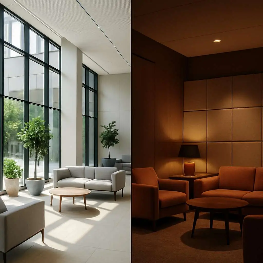 Split-screen image showing a bright, modern lobby with natural light and plants on the left, and a softly lit, acoustically paneled lounge on the right, illustrating sensing shifts and environmental transitions.