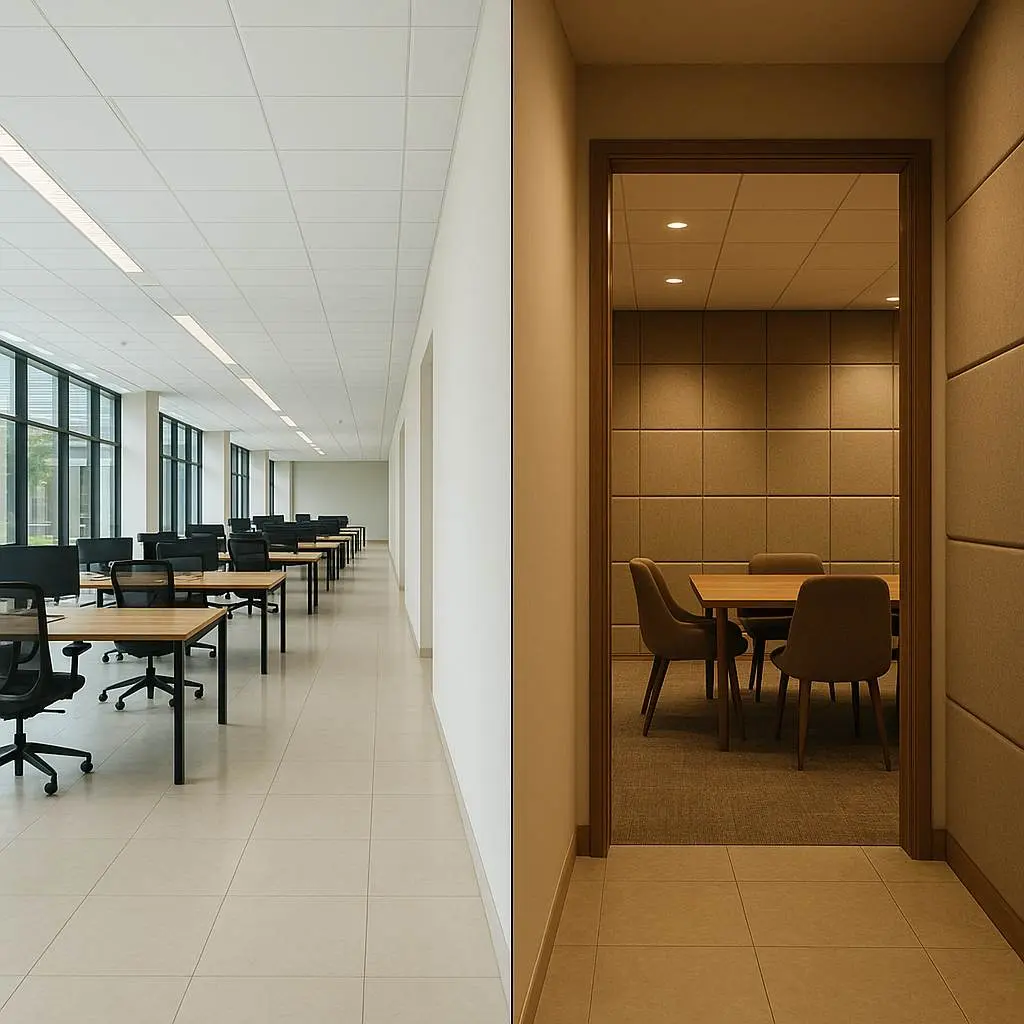 Sensing Shifts: Navigating Environmental Transitions 1 Split-screen image of an open office with hard surfaces and a quiet meeting room with acoustic panels, representing the soundscape of transition and environmental design.