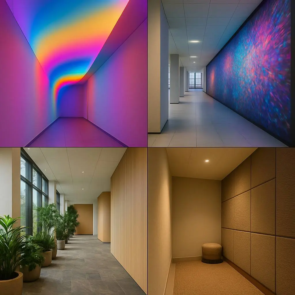 Sensing Shifts: Navigating Environmental Transitions 4 Four-panel collage showing creative transitional spaces: dynamic lighting, interactive art, biophilic design, and acoustic comfort, representing innovative approaches to environmental transitions.