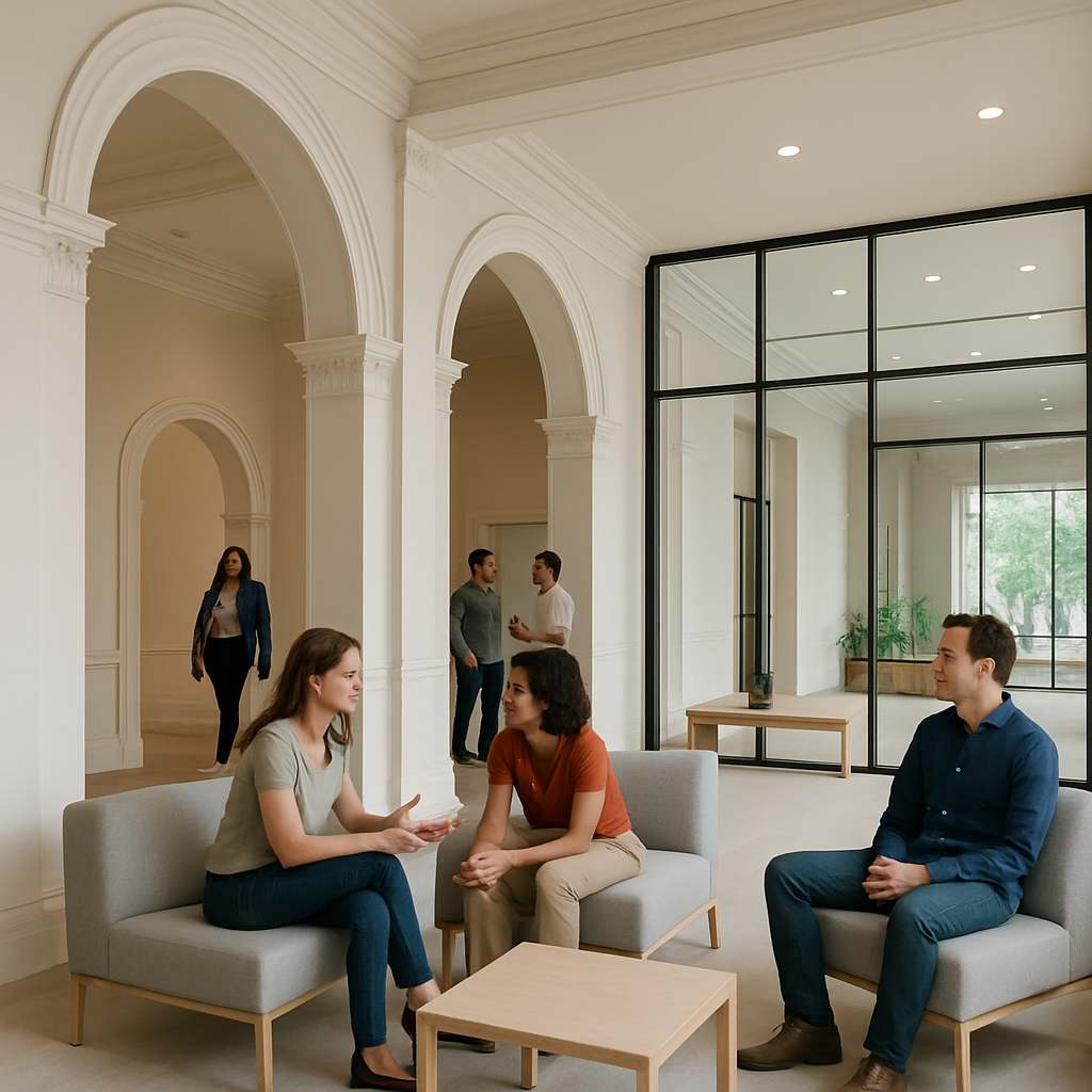 Beyond Walls: The Social Power of In-Betweens 1 Modern interior with traditional arches and minimalist furniture, people conversing in a bright, open space—showing transitional design crafting connections for Curvspace.