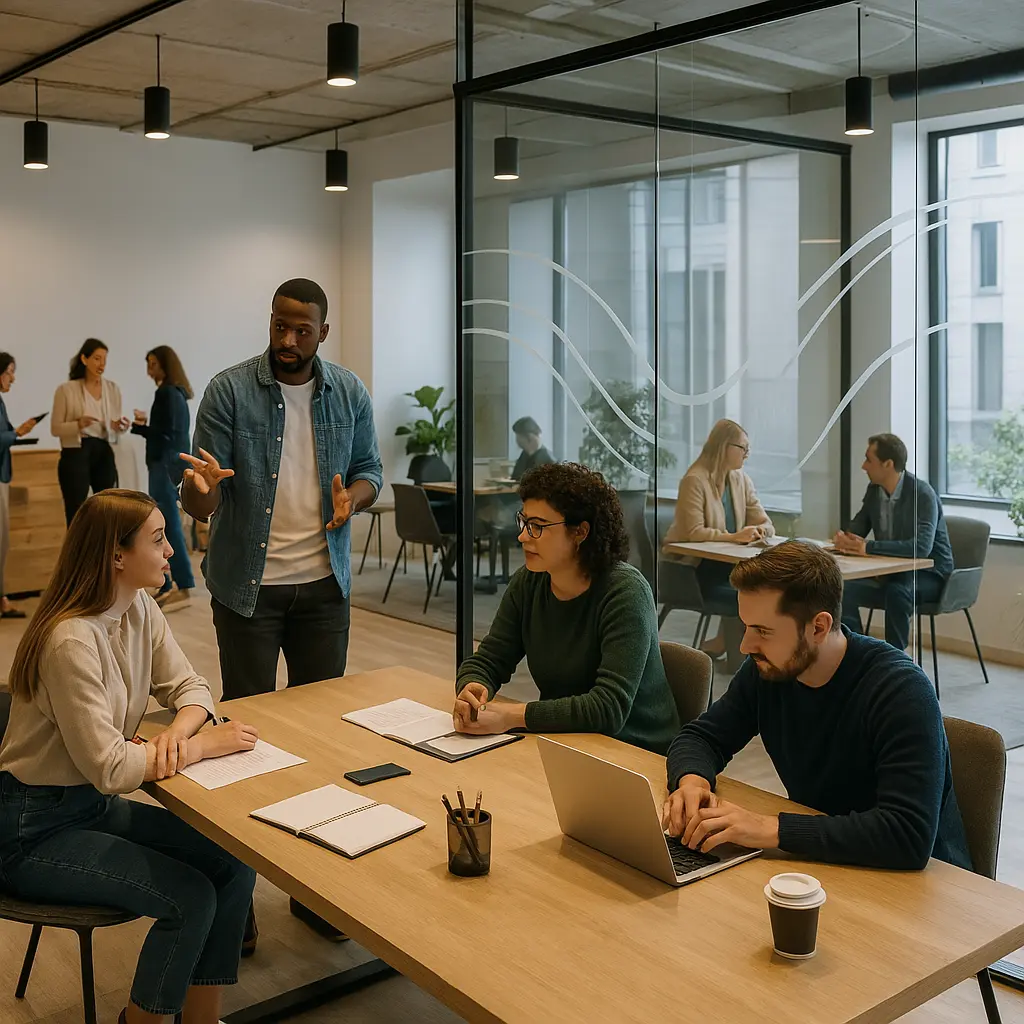 Bridging Boundaries: Redefining Semi-Public Zones 1 Contemporary co-working space with people brainstorming in an open area and a group meeting privately behind a glass partition with frosted design. bridging boundaries