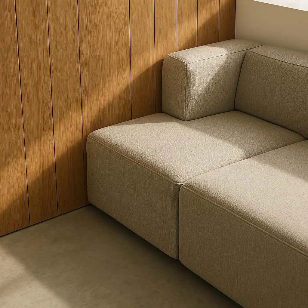 Versatile Venues: The Adaptable In-Between 2 Close-up detail of Curvspace modular beige fabric seating against warm wood paneling, highlighting the aesthetic textures and atmosphere in versatile venues.