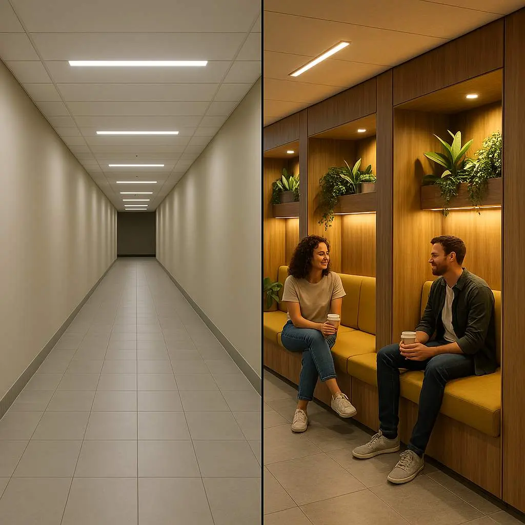 Splitscreen showing a plain corridor versus the same space transformed by Curvspace into a versatile venue with modular seating, plants, and warm lighting.