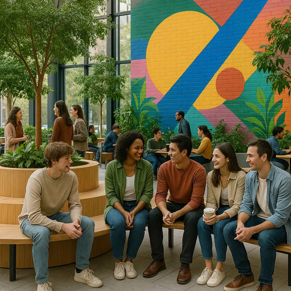 Flowing Horizons: Embracing Transitional, Shared Spaces 2 Shared public space featuring vibrant connectivity with communal seating, greenery, and public art, reflecting Curvspace's focus on creating engaging and interactive environments.