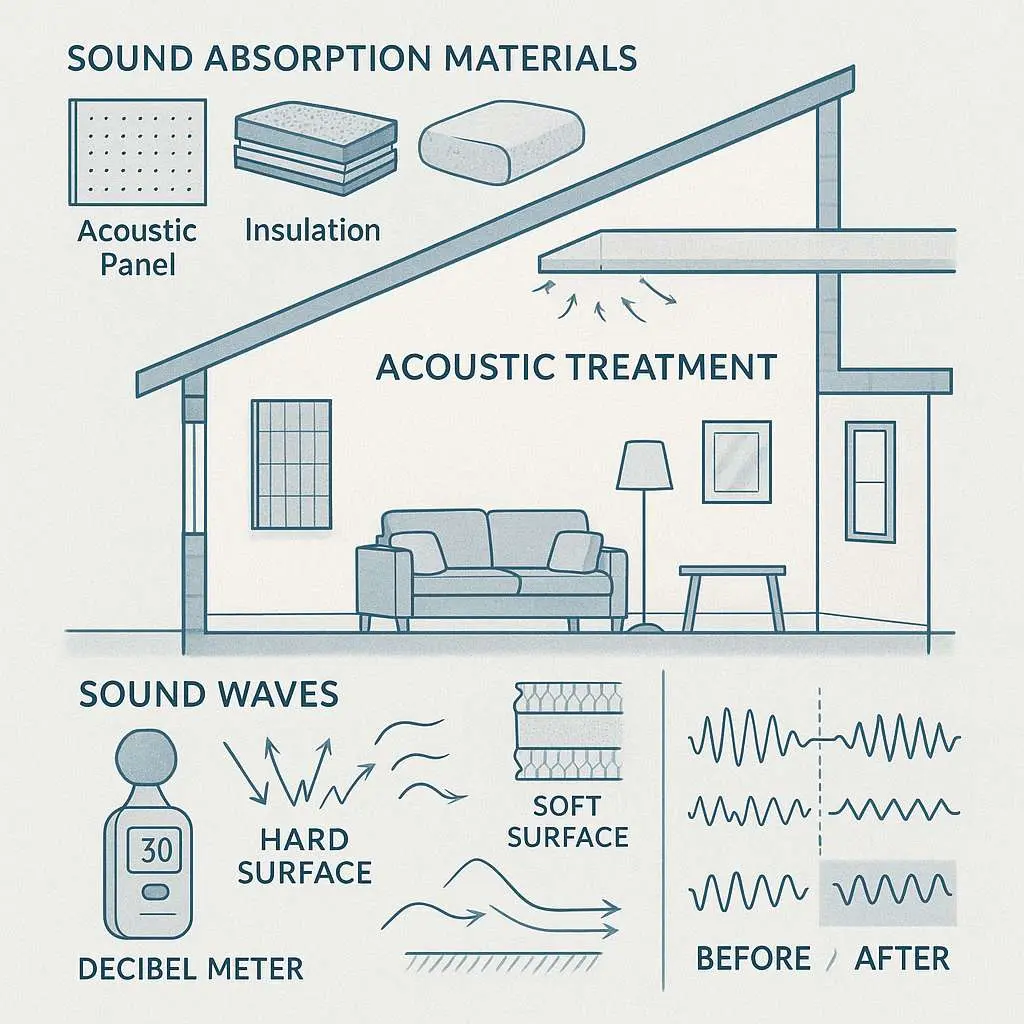 Emotional Exits: Spaces That Unwind the Mind 5 Technical room cross-section showing acoustic treatment placement including sound absorption panels, insulation materials, soft furnishings, with sound wave diagrams demonstrating before and after acoustic treatment effects and decibel meter readings.
