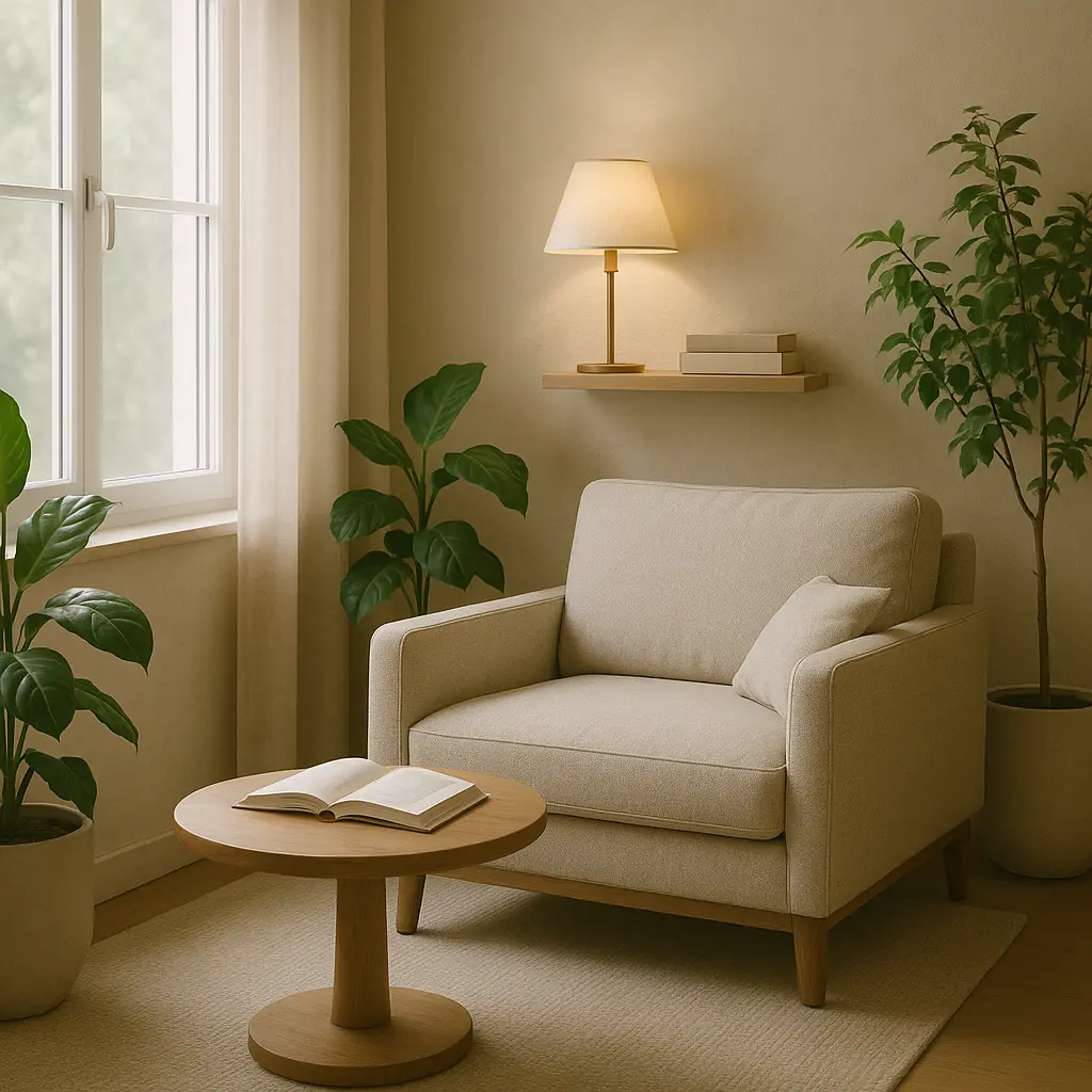 Moments of Pause: Crafting In-Between Time 2 Cozy reading nook with a neutral armchair, wooden table, soft lighting, and indoor plants by a window, representing a relaxing environment for Curvspace.