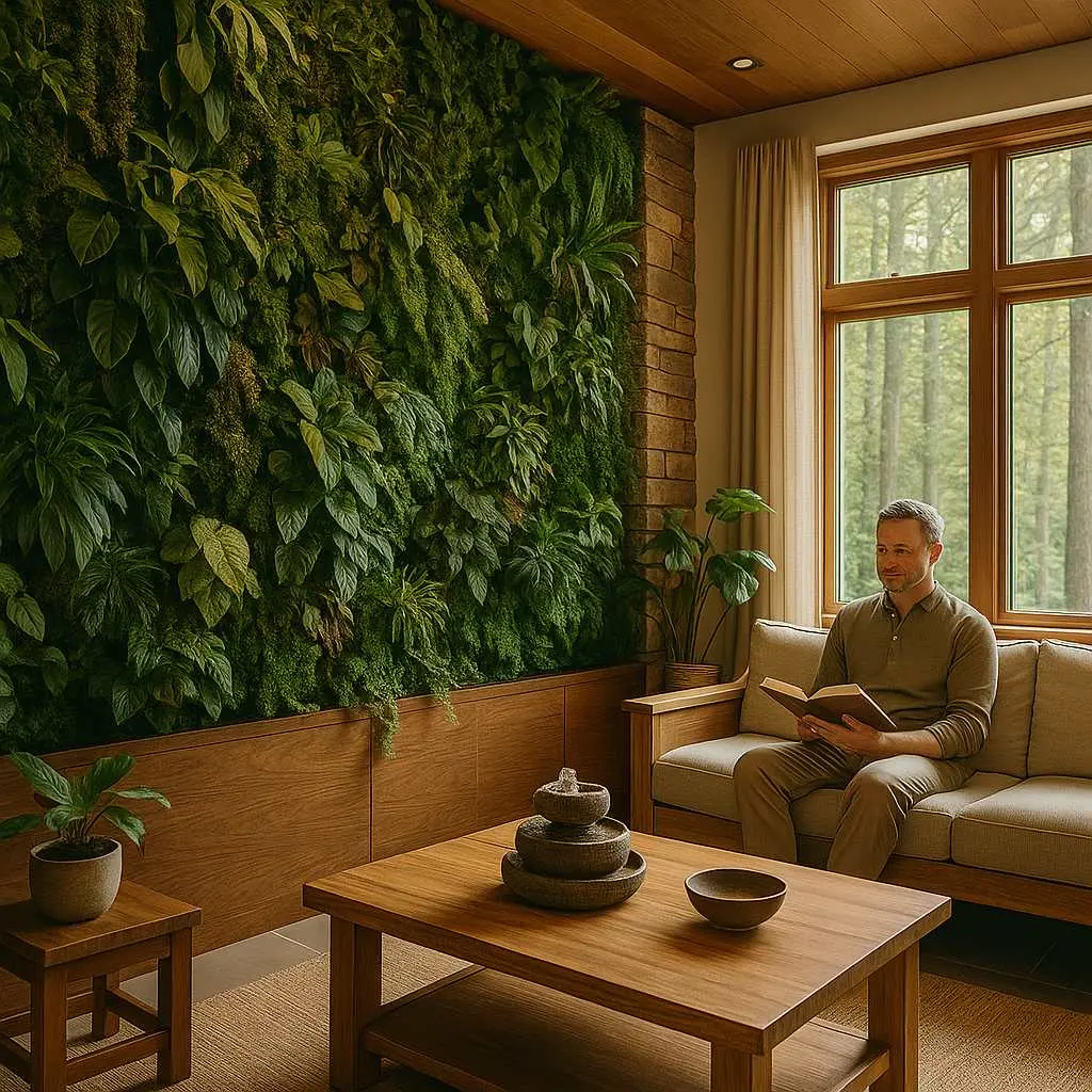 Emotional Exits: Spaces That Unwind the Mind 2 Man reading peacefully in modern interior featuring extensive living green wall with diverse plant species, natural wood furniture, large windows with forest view, and warm natural lighting.