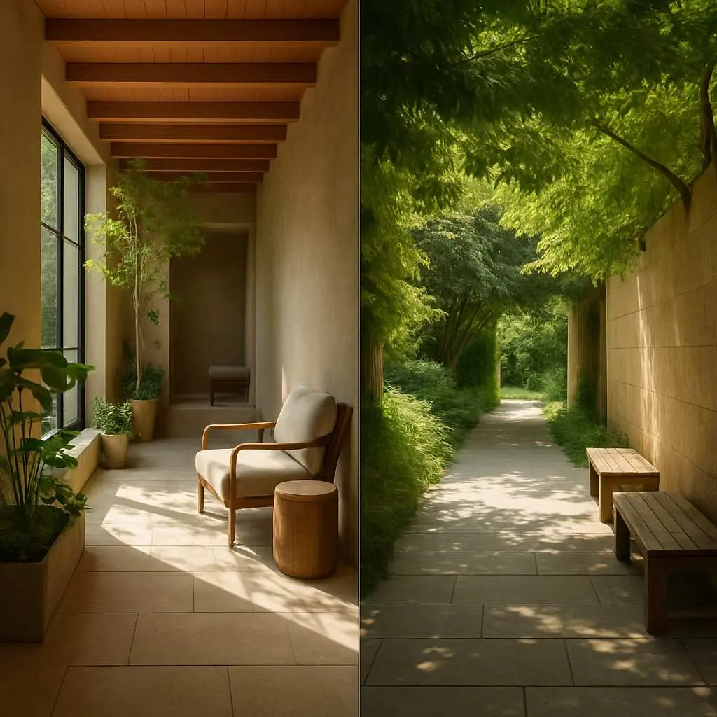 Split-screen of a sunlit indoor corridor with plants and seating beside a tranquil outdoor garden walkway with benches, illustrating brief interludes and moments for reflection in transitional spaces.