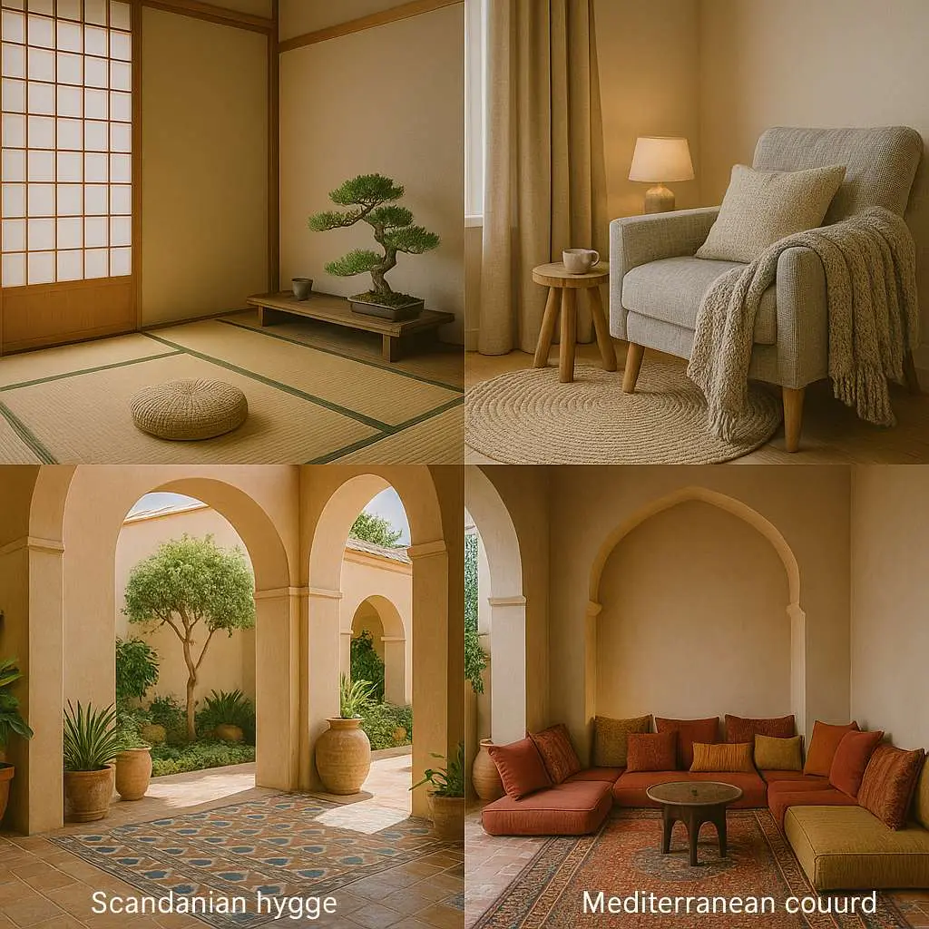 Emotional Exits: Spaces That Unwind the Mind 6 Four-panel collage showing distinct cultural relaxation spaces: Japanese zen corner with tatami mats and bonsai, Scandinavian hygge nook with wool textures, Mediterranean courtyard with arches and tiles, and Middle Eastern majlis with floor cushions.