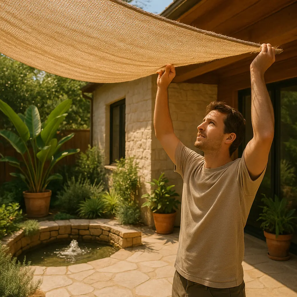 Man adjusting a natural fiber shade sail over a patio with a small water feature and potted plants, demonstrating a practical Curvspace strategy for designing a personal climate capsule.