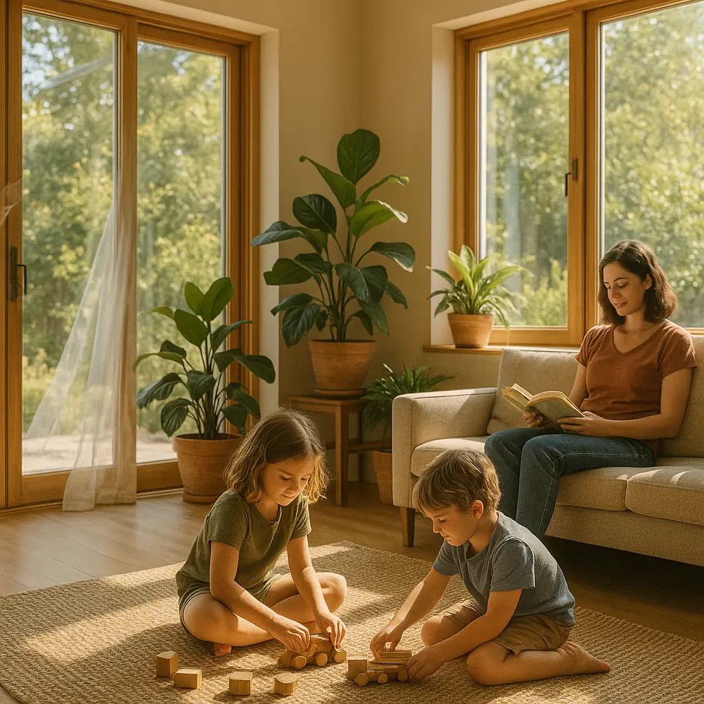 Family enjoying a bright, naturally lit living room with large windows and indoor plants; children play while an adult reads, highlighting Curvspace's focus on well-being through nature-connected microclimates.