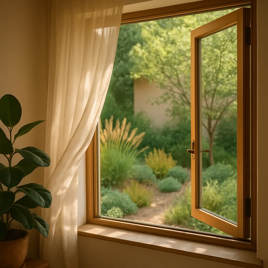 An open wooden window with a sheer curtain gently blowing, revealing a sunlit, lush garden, symbolizing how Curvspace natural microclimates create sanctuaries for future well-being.