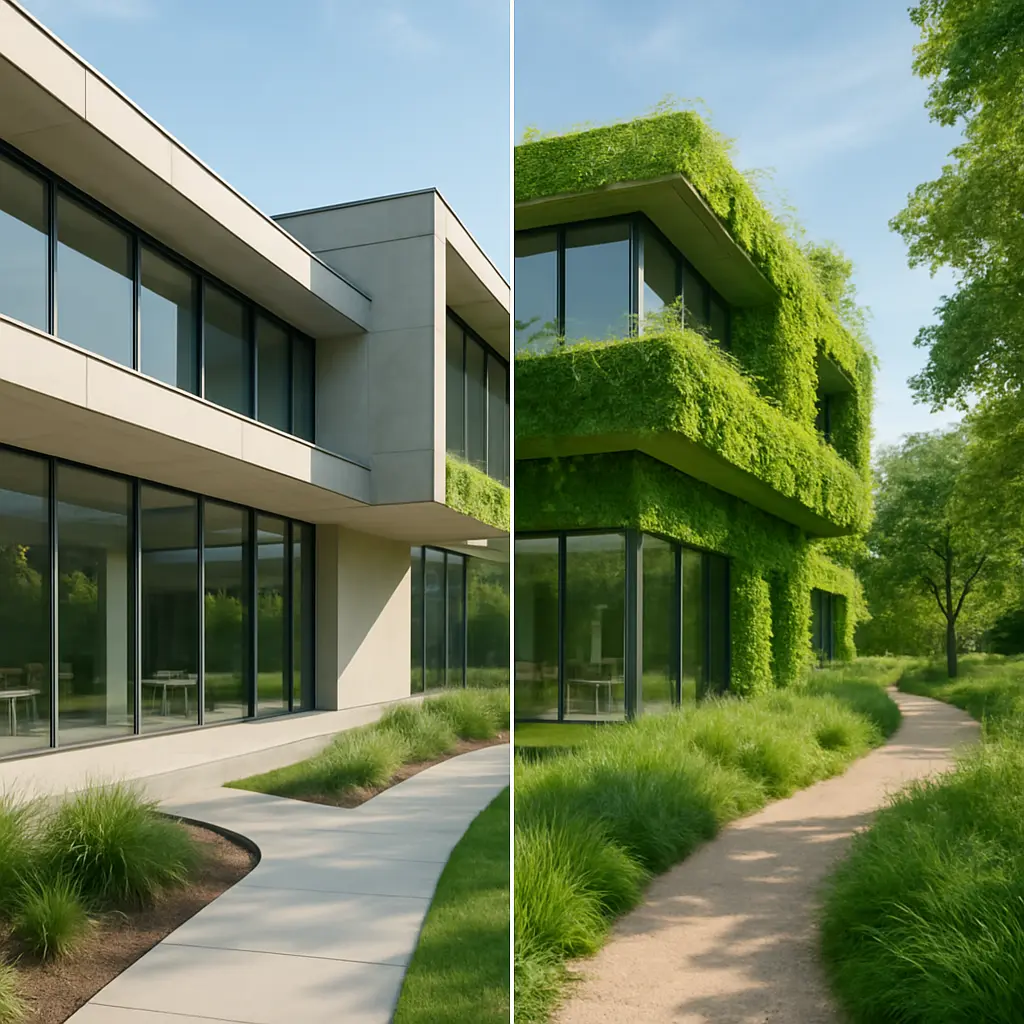 Split-screen of a modern building; left side shows clean architectural lines with minimal landscaping, right side displays the same building covered in lush green vegetation, illustrating eco-transitions and nature integration in architecture.
