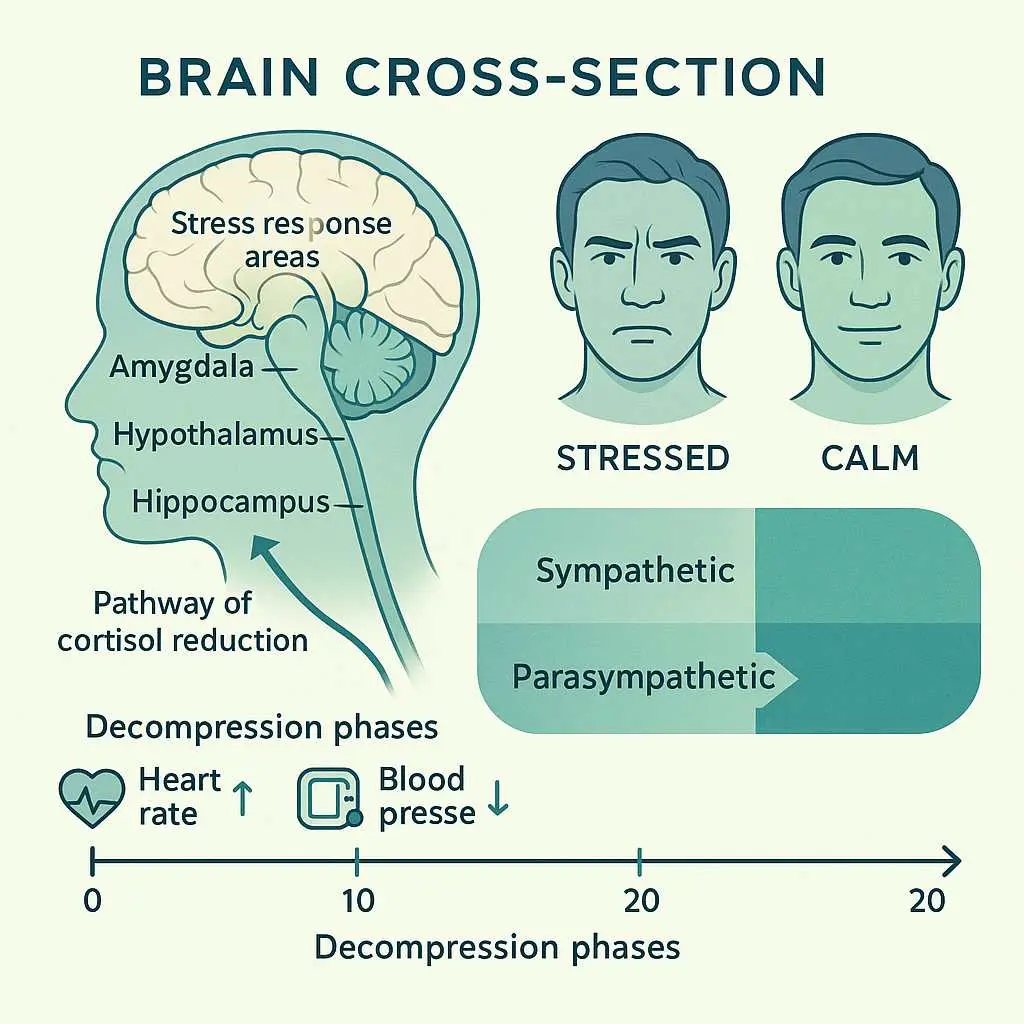 Emotional Exits: Spaces That Unwind the Mind 1 Medical infographic showing brain cross-section with labeled stress response areas including amygdala, hypothalamus, and hippocampus, comparing stressed versus calm facial expressions, and illustrating sympathetic to parasympathetic nervous system transition with decompression timeline.