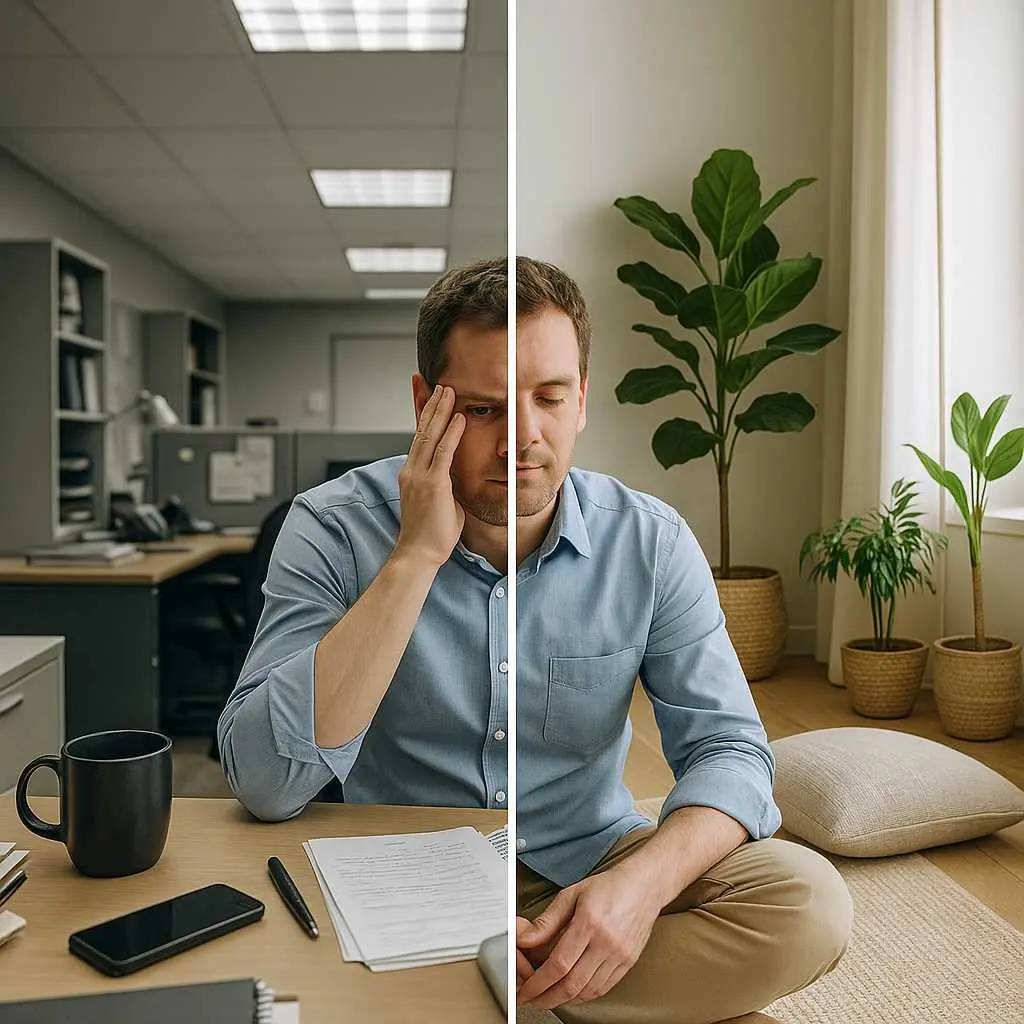 Split-screen comparison showing man in stressful office environment with harsh fluorescent lighting and cluttered desk on left, same person relaxed in calming space with plants, natural lighting, and comfortable seating on right.