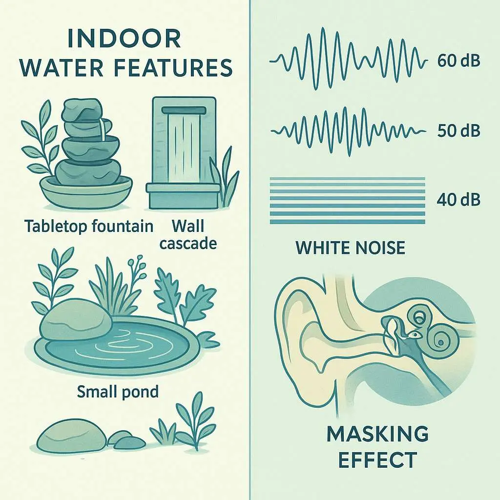 Emotional Exits: Spaces That Unwind the Mind 3 Split-screen infographic displaying various indoor water features including tabletop fountain, wall cascade, and small pond on left side, with sound wave patterns, decibel measurements, and ear anatomy showing white noise masking effect on right side.