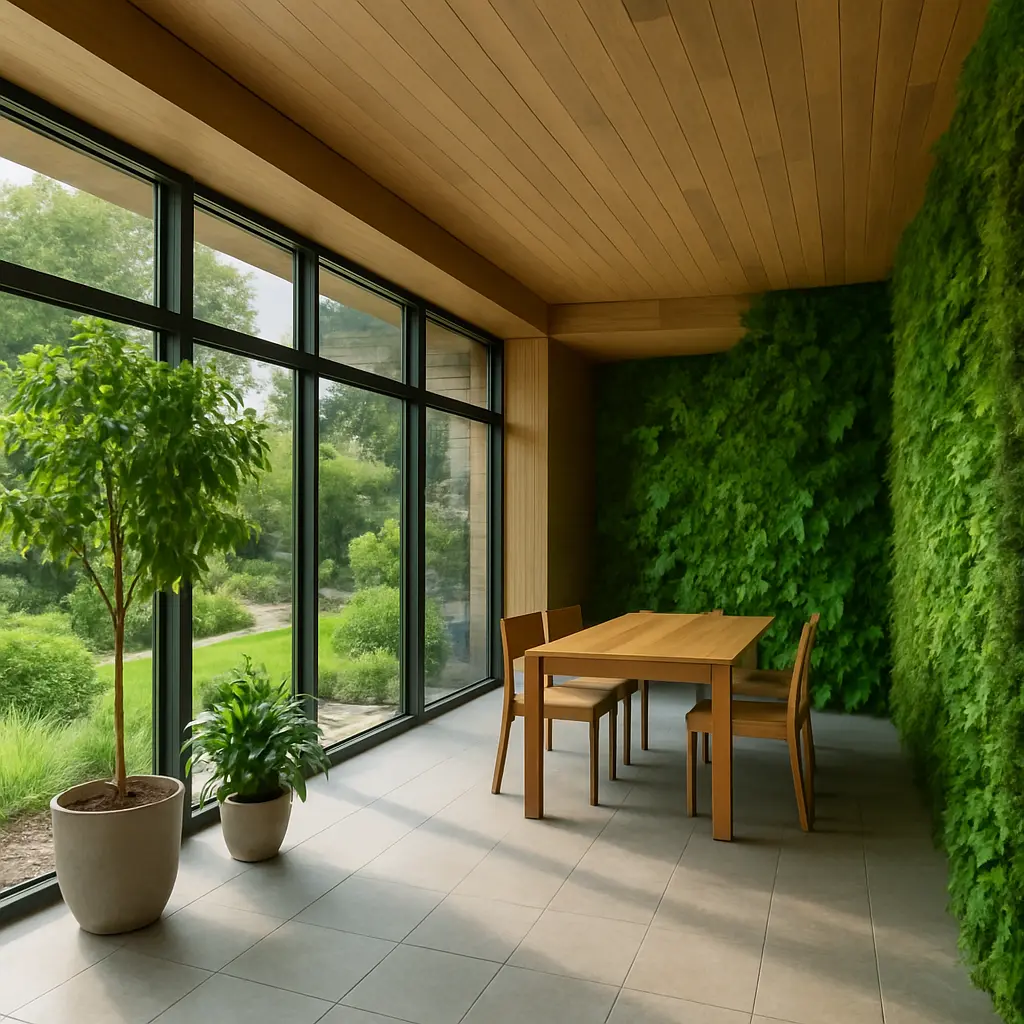 Eco-Transitions: Balancing Nature and Built Form 2 Modern interior with large windows, wooden ceiling, potted plants, and a lush green wall, visually connecting indoor space to an outdoor garden, representing nature integration in architecture.