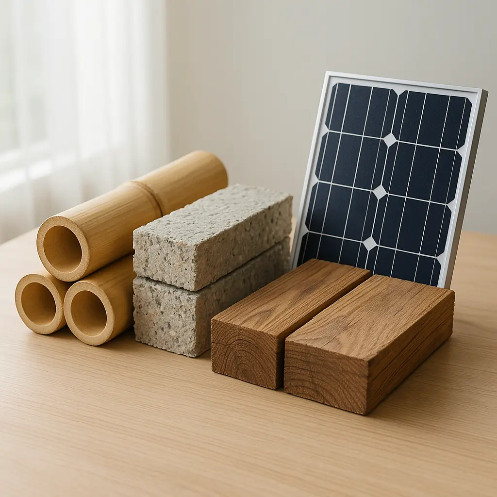 Eco-Transitions: Balancing Nature and Built Form 4 Photorealistic arrangement of sustainable building materials-bamboo, recycled concrete blocks, reclaimed wood, and a solar panel-on a wooden table, representing eco-friendly material selection.