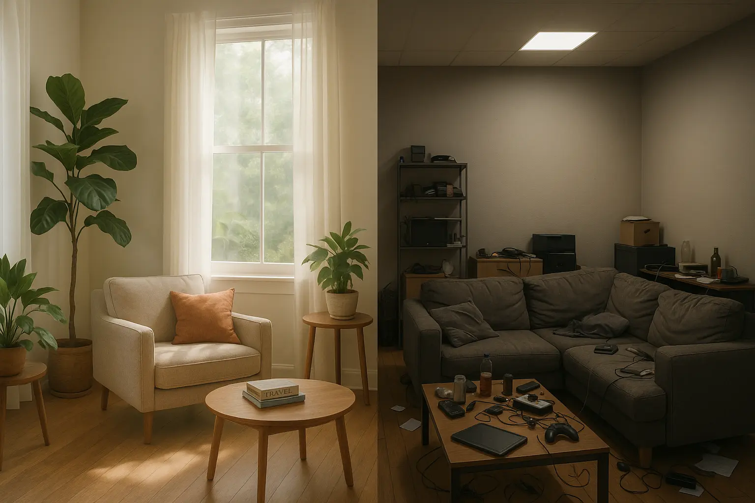 Split-screen showing a serene, plant-filled living area with natural light and a cluttered, dimly lit room, illustrating mental escapes and psychological relief.