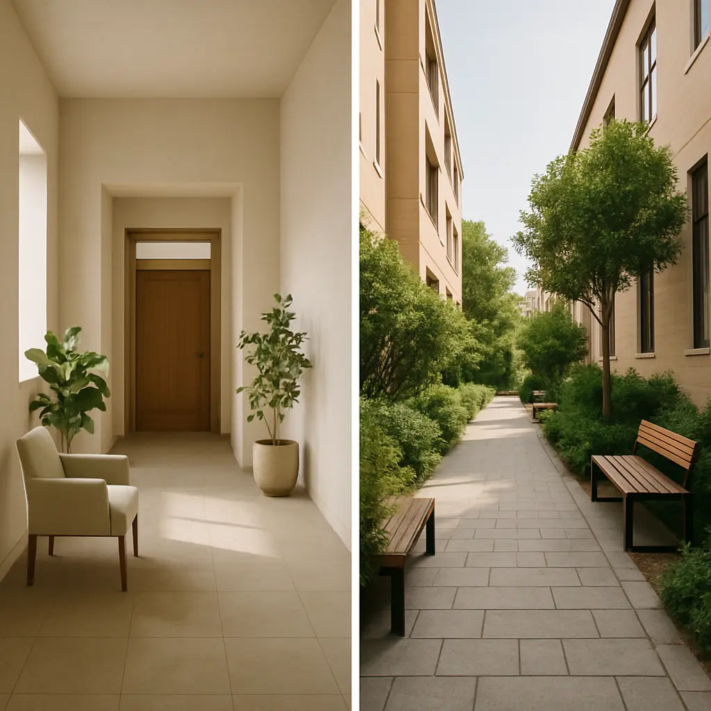 Split-screen of an indoor transitional hallway with plants and seating, and an outdoor walkway with benches and greenery, illustrating moments of pause and in-between design for Curvspace.