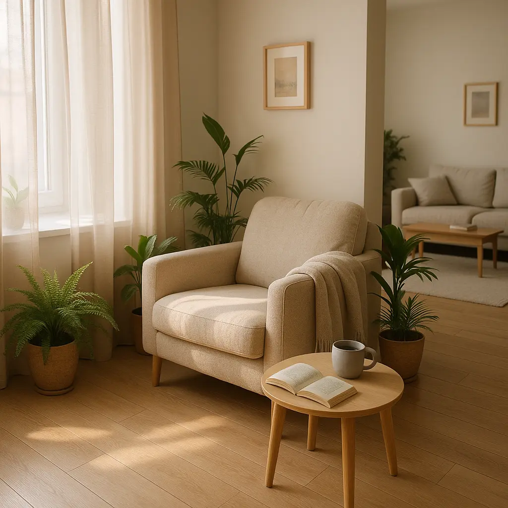 Mental Escapes: Crafting Spaces for Psychological Relief 2 Cozy apartment corner with a plush armchair, sunlit window, potted plants, and a coffee table, embodying a personal sanctuary for mental escapes.