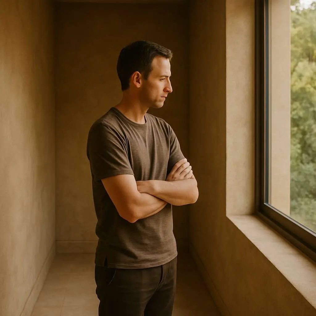 Brief Interludes: Designing Moments for Reflection 1 Person standing in a softly lit corridor, arms crossed, gazing out a large window at greenery, representing the psychology of pause and reflective design.