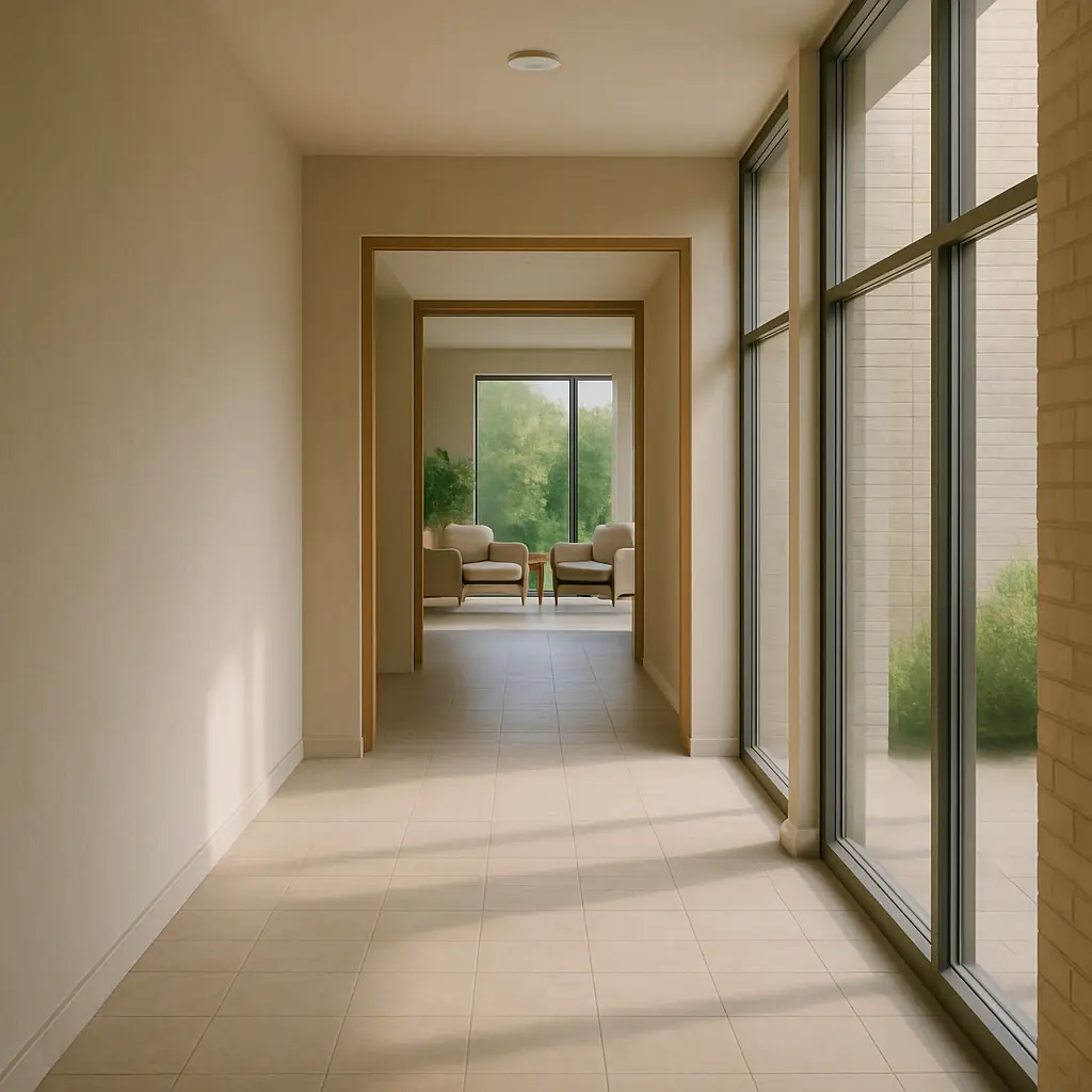 Moments of Pause: Crafting In-Between Time 5 Modern hallway with large windows, natural light, and a view into a lounge area, demonstrating the significance of transition spaces in Curvspace design.