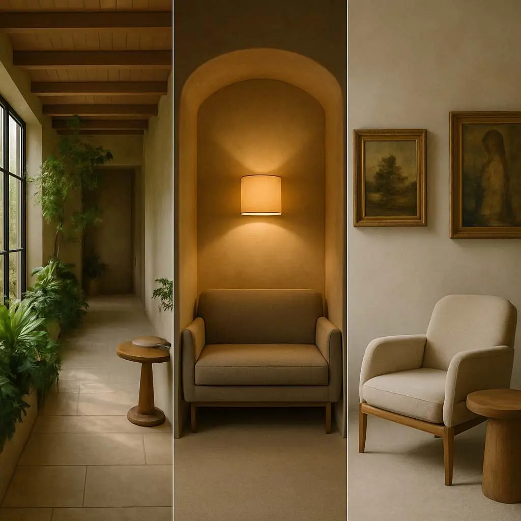 Brief Interludes: Designing Moments for Reflection 3 Collage of three restorative spaces: a plant-filled corridor, a cozy alcove with warm lighting, and a seating area with framed art, illustrating strategies for designing moments of pause.