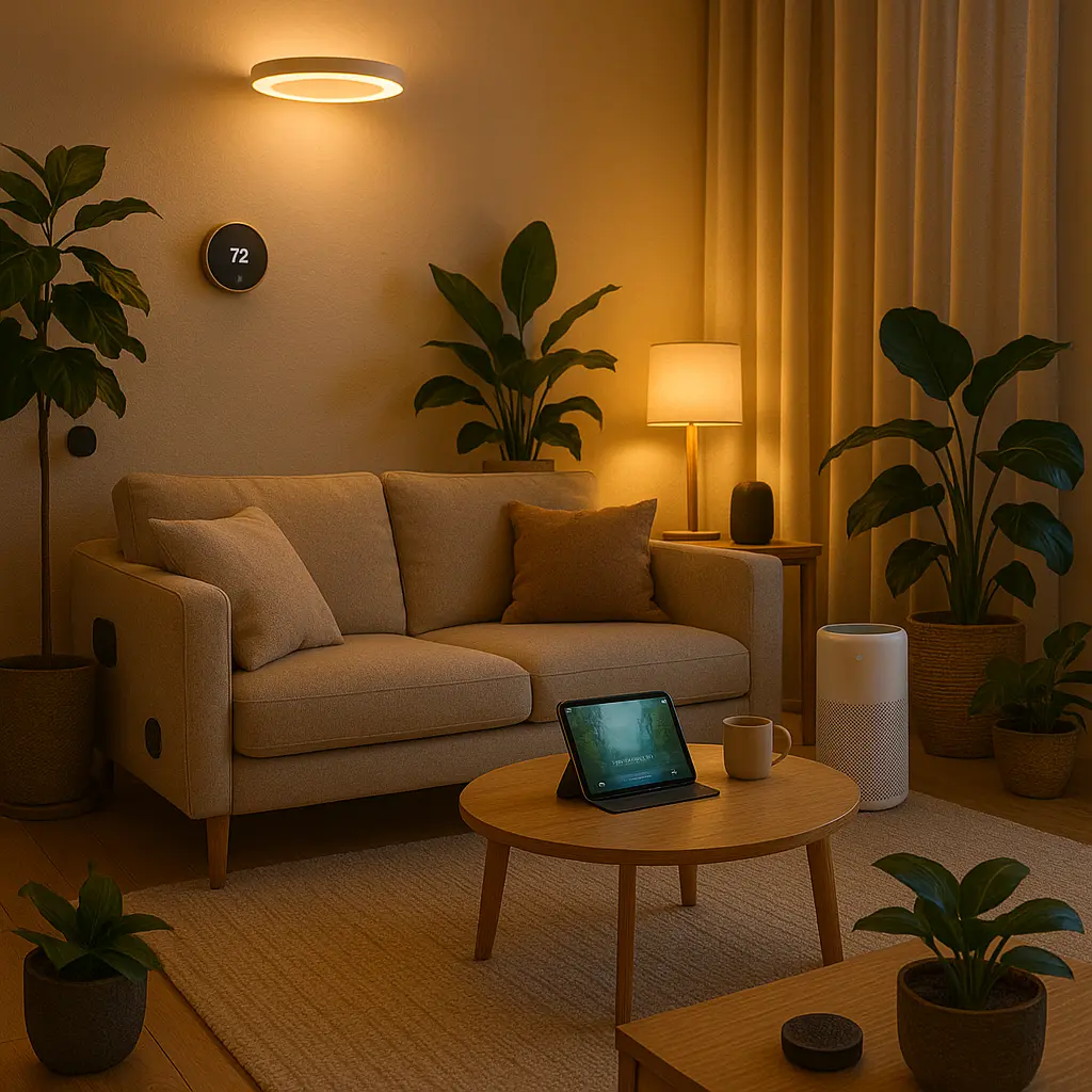 Mental Escapes: Crafting Spaces for Psychological Relief 6 Modern living room with smart lighting, air purifier, tablet, and natural decor, blending technology and wellness for mental escapes.