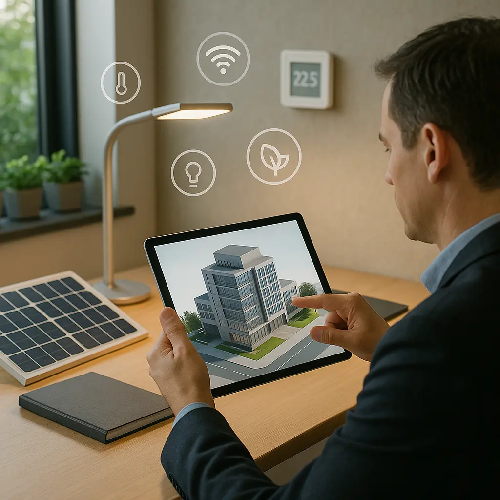 Eco-Transitions: Balancing Nature and Built Form 6 Architect at a desk uses a tablet displaying a digital building model, surrounded by a solar panel and smart technology icons, illustrating the role of technology in sustainable design.
