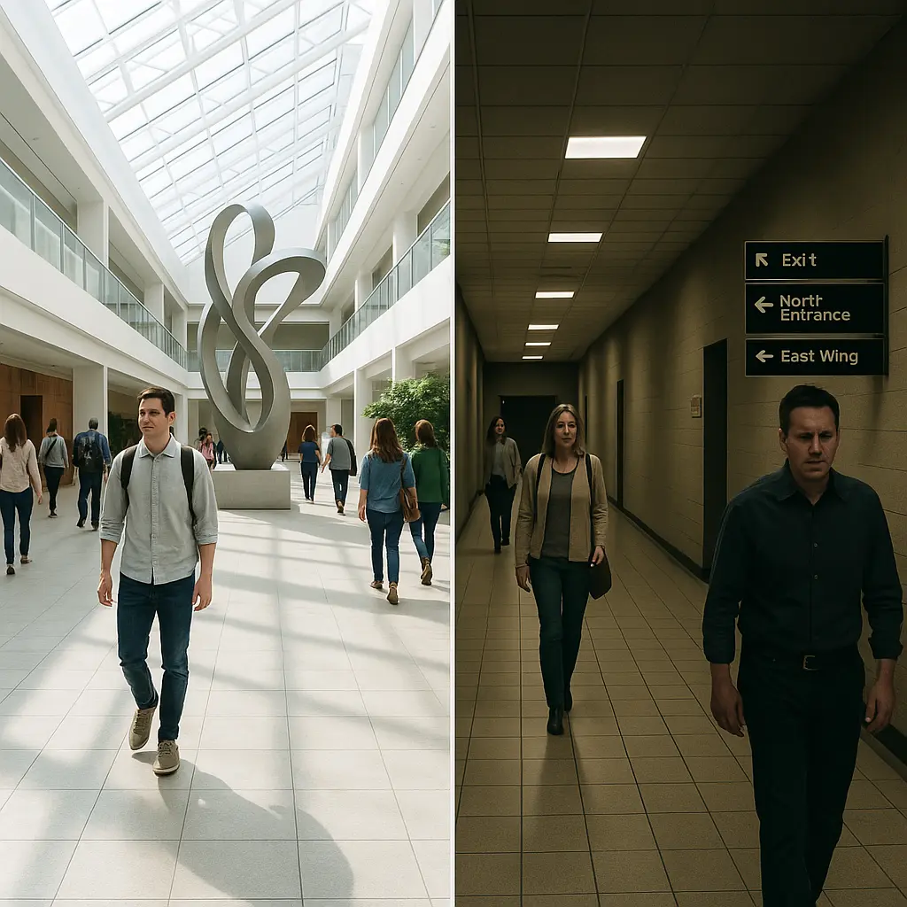Split-screen image contrasting a bright, open public space with a clear pathway pointer against a dark, confusing hallway with poor wayfinding.