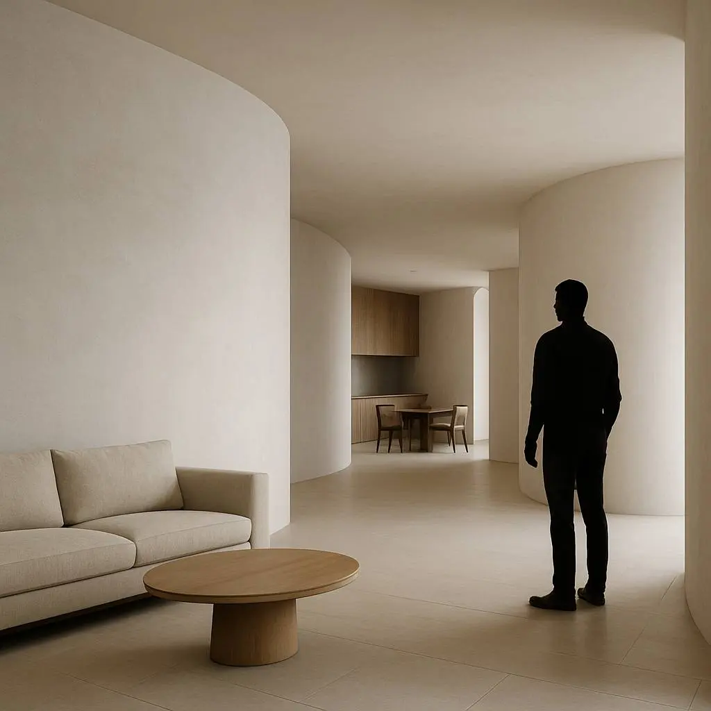 The Power of Emptiness: Mastering Negative Space 5 Modern interior with curved white walls creating flowing open spaces, minimal furniture placement, and silhouette of person for scale, showcasing contemporary architectural design with emphasis on negative space.