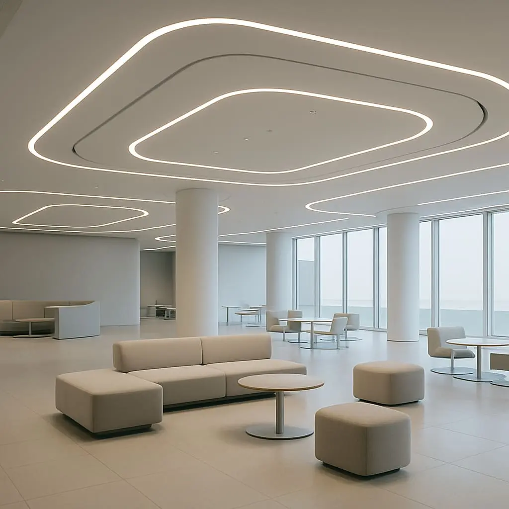 Subtle Impressions: How Negative Space Guides Us 6 Modern futuristic office interior with curved LED ceiling lighting, modular beige furniture, floor-to-ceiling windows, and open floor plan demonstrating how negative space and adaptive lighting create flexible, user-centered environments.