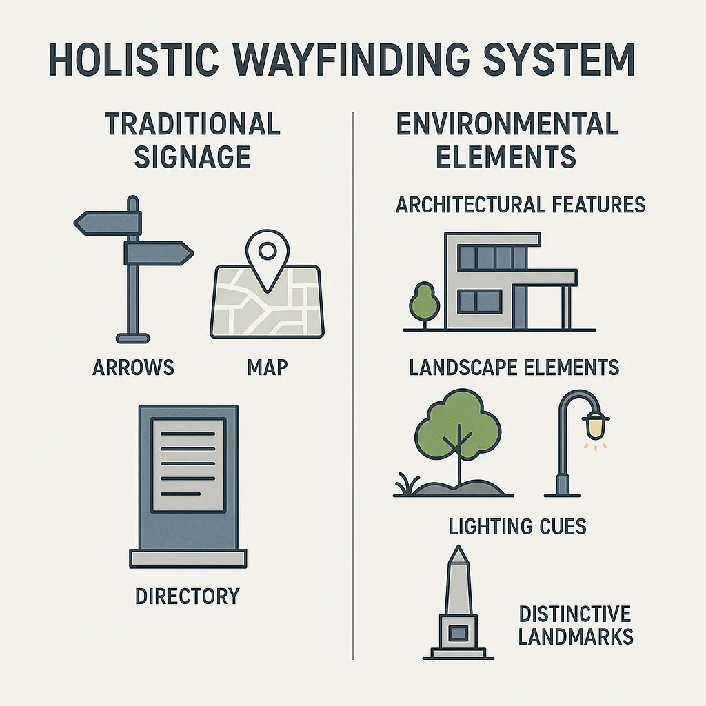 Pathway Pointers: Designing for Clear Spatial Identity 2 Infographic comparing traditional signage like maps and arrows to environmental wayfinding elements like architecture, lighting, and landmarks.