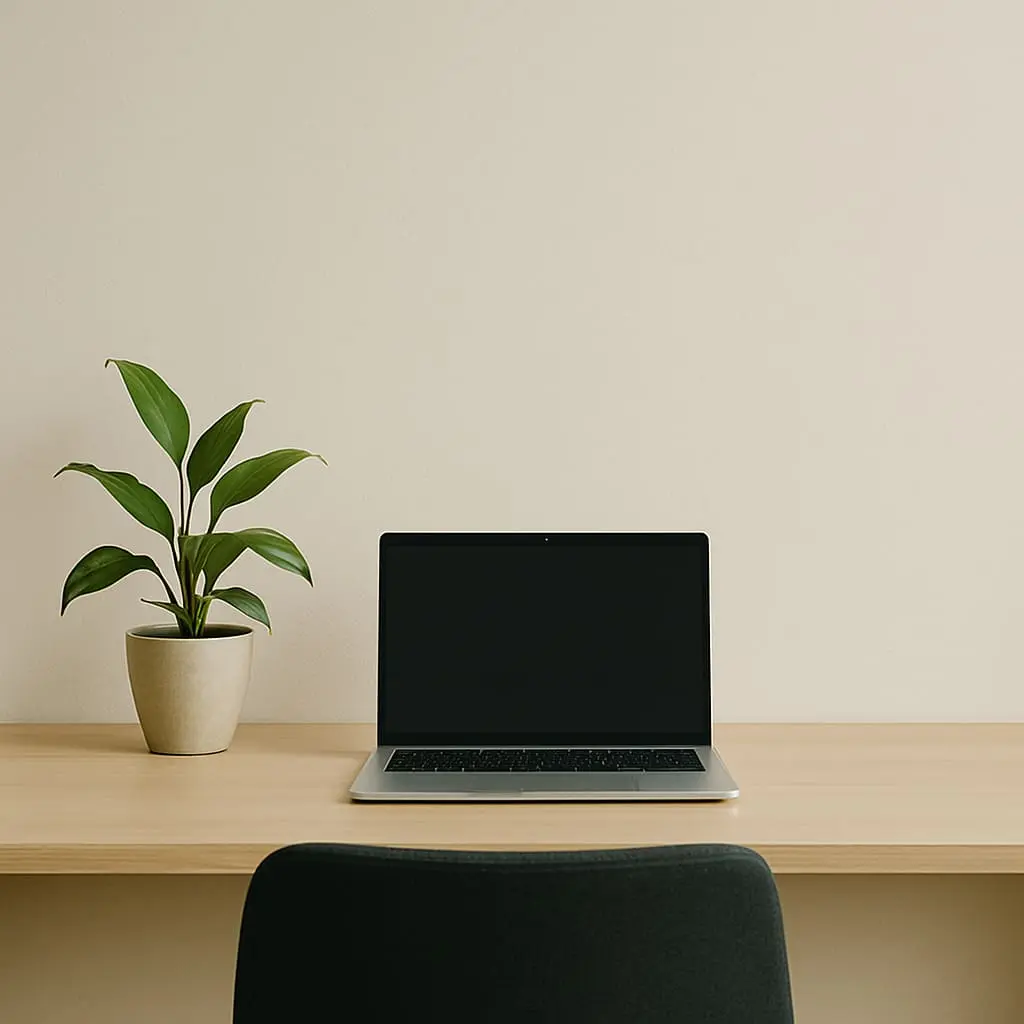 Subtle Impressions: How Negative Space Guides Us 4 Clean minimalist workspace featuring laptop computer and small potted plant on wooden desk against neutral wall background, demonstrating impactful simplicity through strategic use of negative space and essential-only elements.